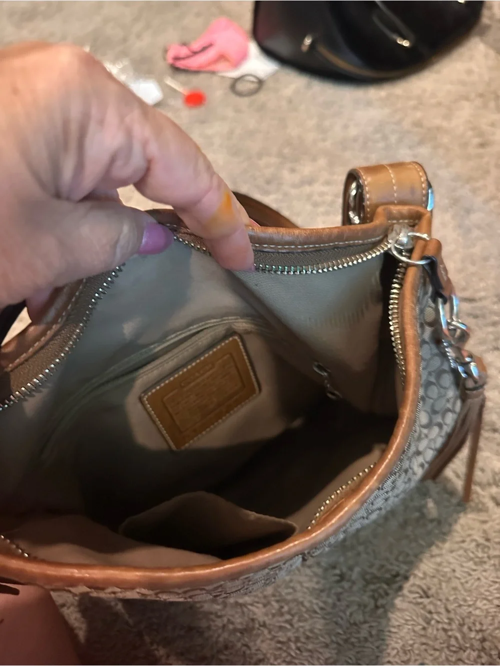 Coach Brown Signature Canvas Shoulder Bag with Leather Tassel
